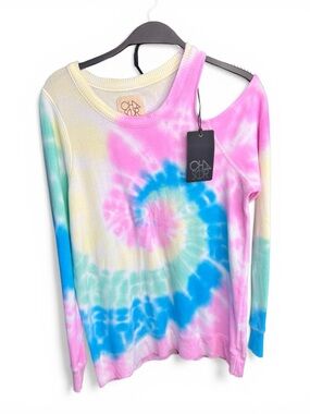 Chaser Pastel Tie-Dye One-Shoulder Sweatshirt - Pink, Blue & Yellow